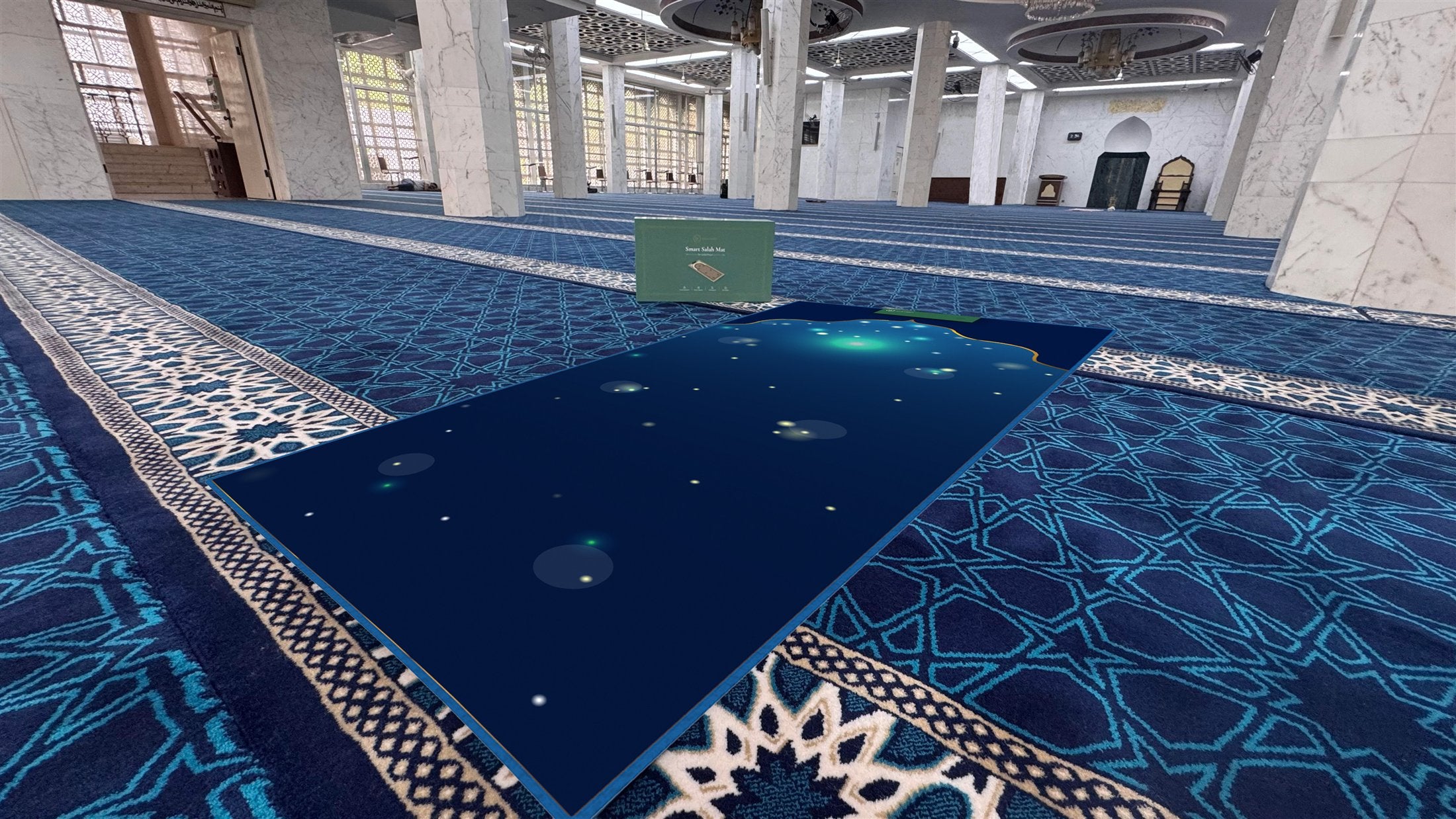 NoorConnect prayer mat in a calm mosque-inspired setting