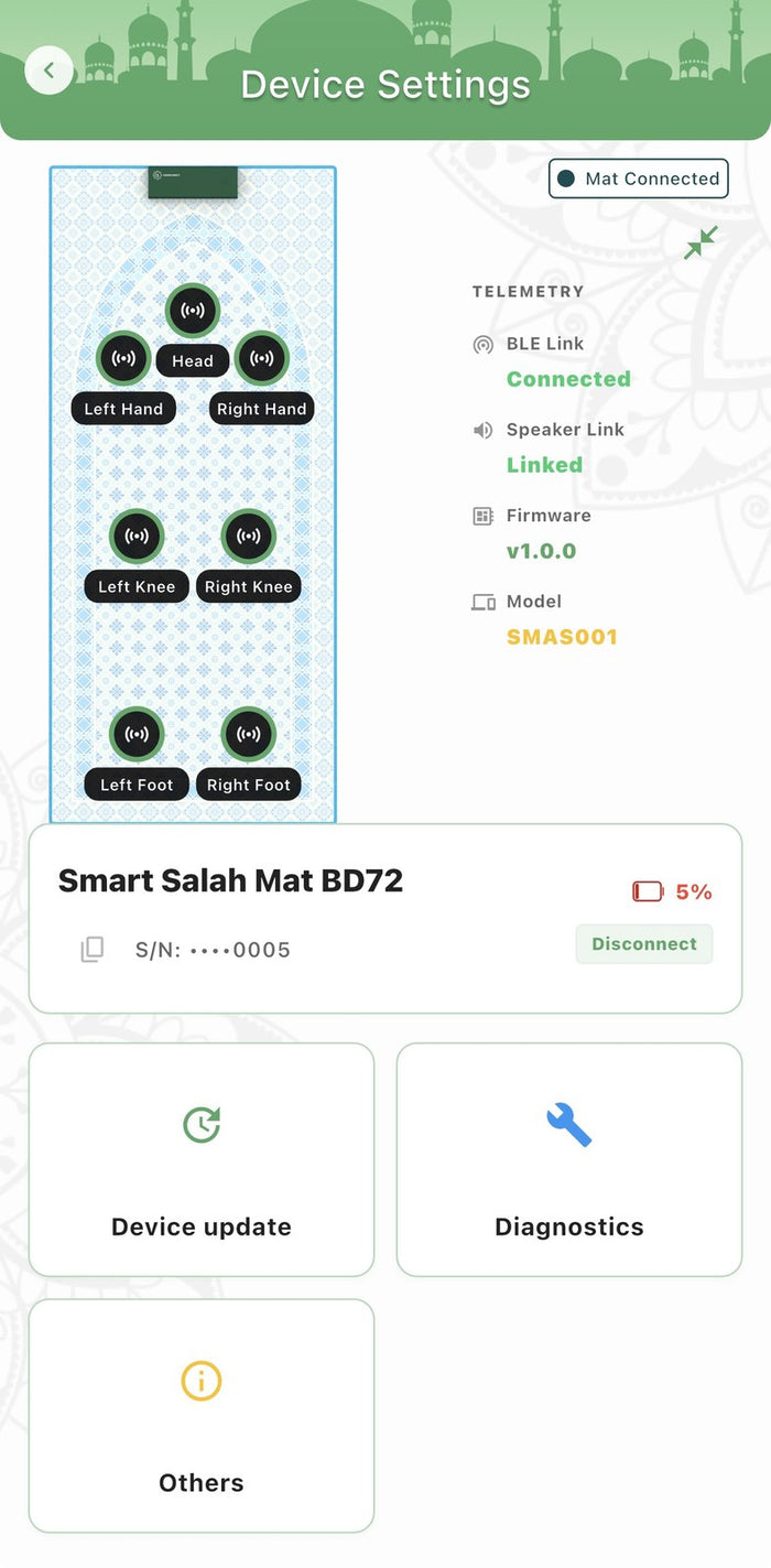 NoorConnect app device settings screen showing the seven connected pressure sensor zones on the mat