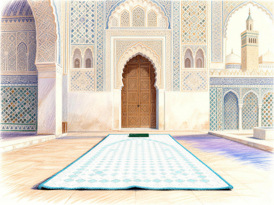 Andalusian mosque courtyard with carved stucco archway