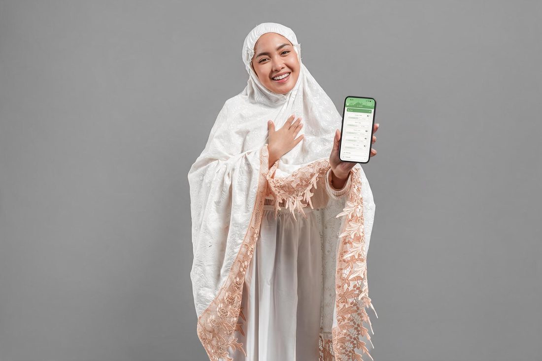 Woman holding a phone showing the NoorConnect prayer-time setup screen
