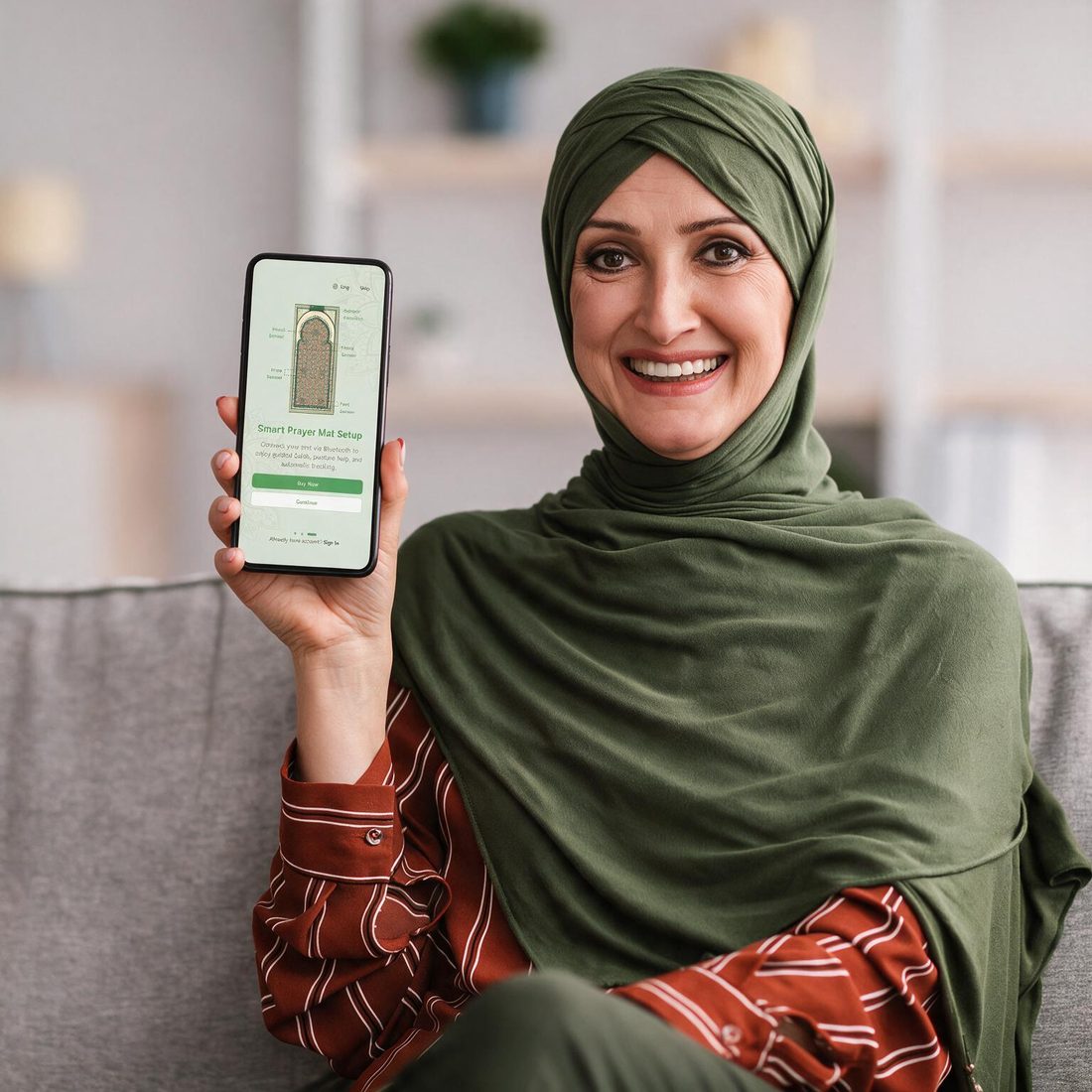 Woman holding a phone showing the NoorConnect app's Smart Prayer Mat setup screen