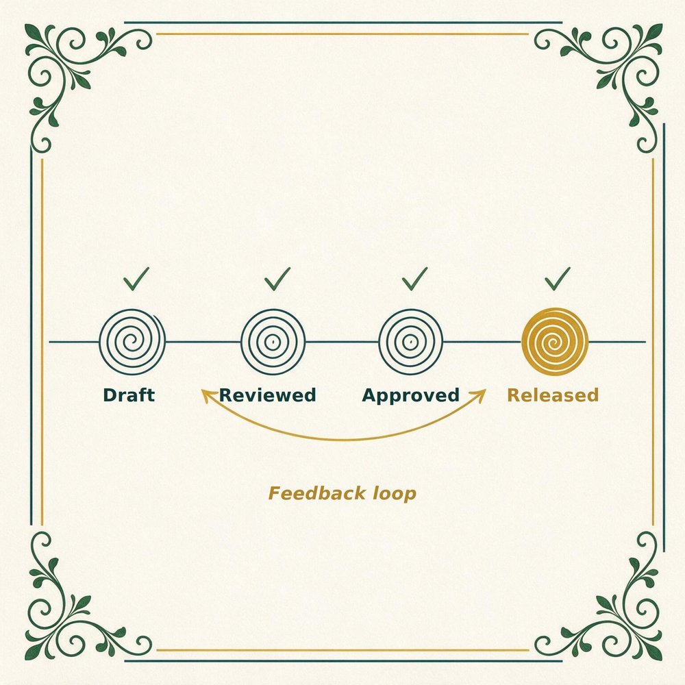 Diagram of the draft, reviewed, approved and released stages with a feedback loop