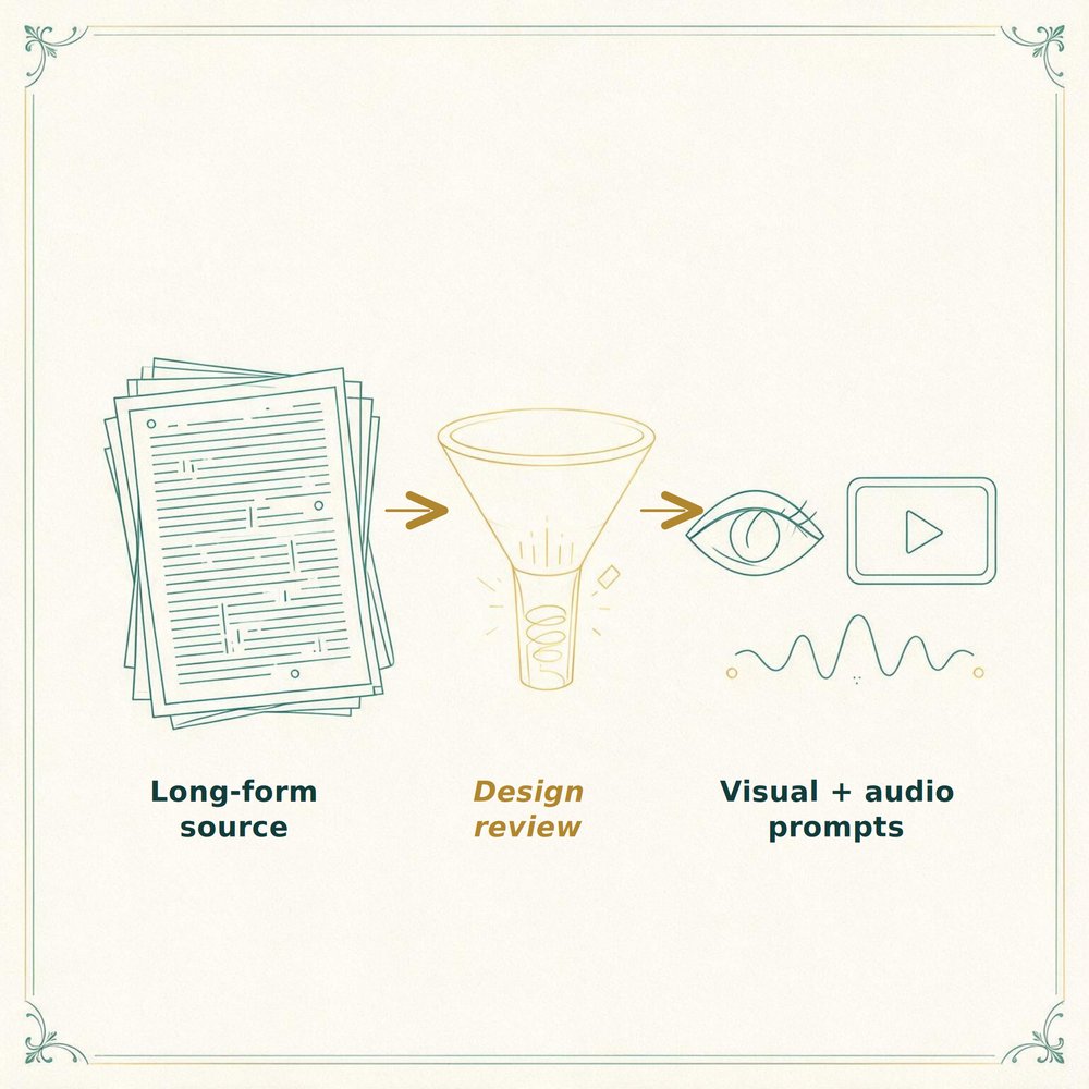 Diagram showing long-form source material funneled through design review into visual and audio prompts