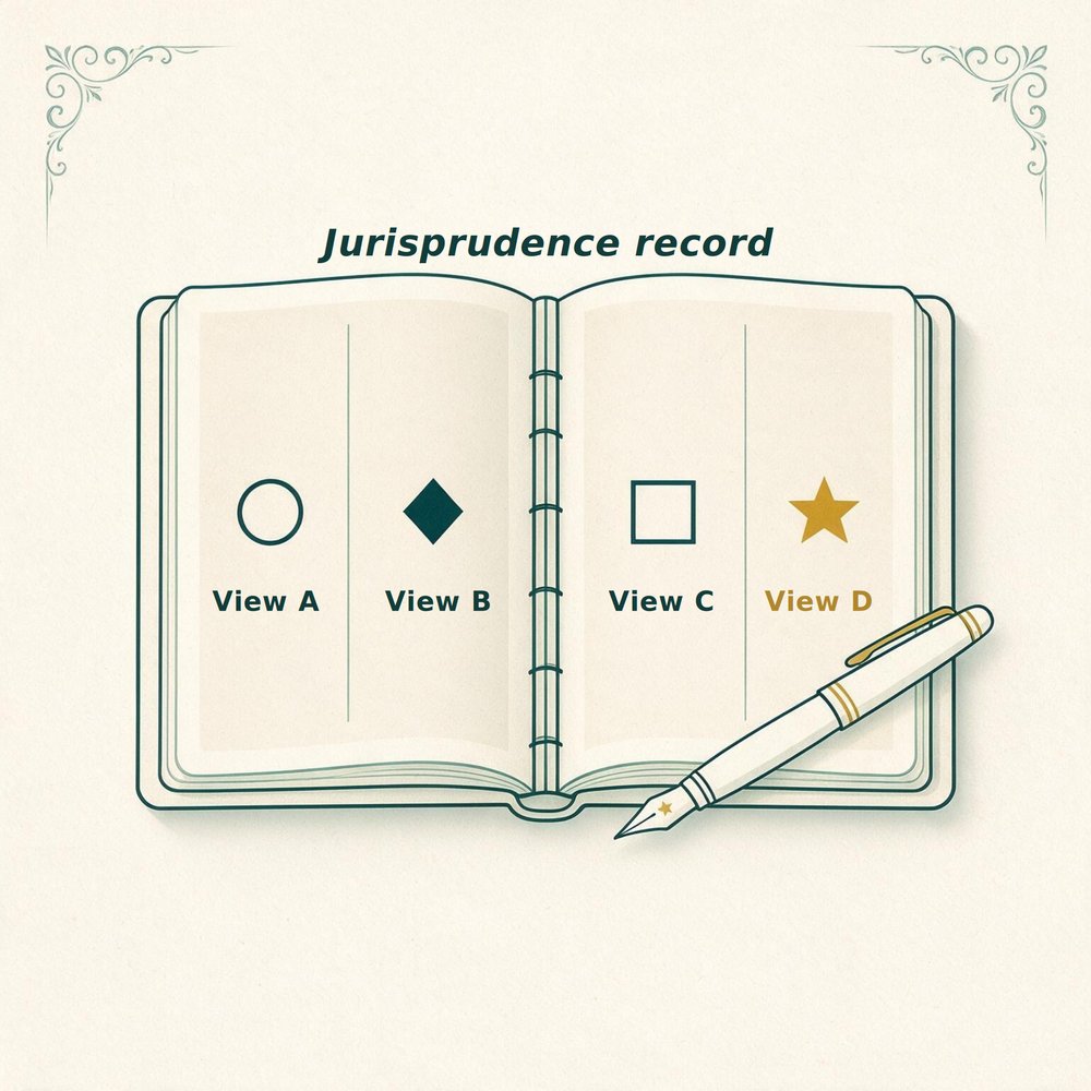 Illustration of an open jurisprudence record book logging four differing views