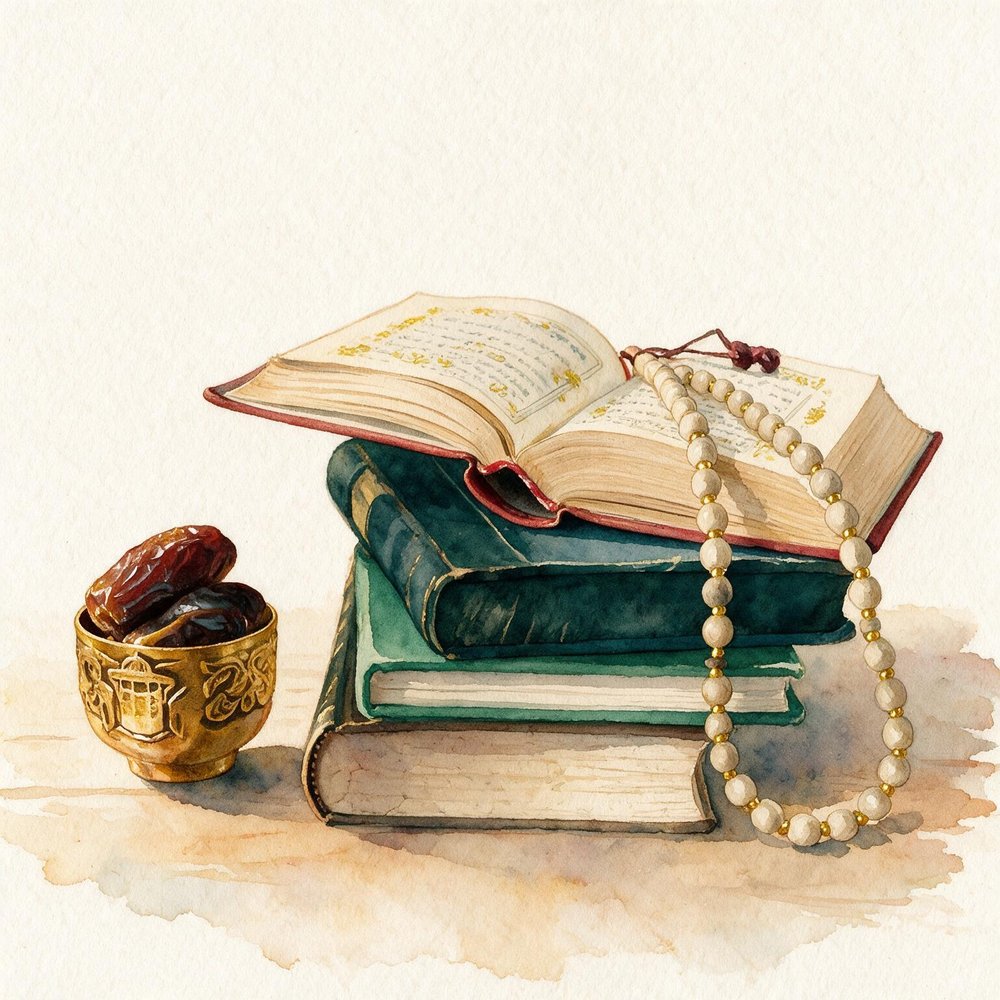 Watercolor still life of an open Qur'an on stacked books with prayer beads and dates