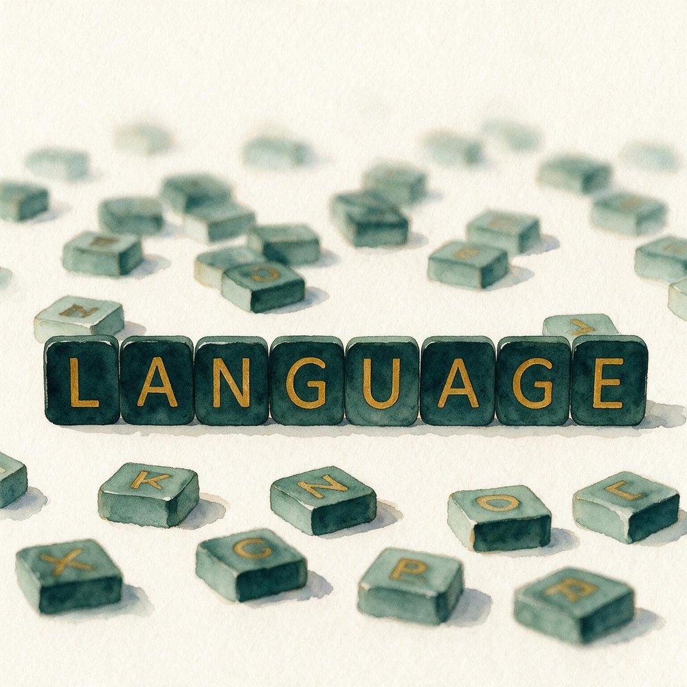 Watercolor illustration of tiles spelling the word Language among scattered letter tiles