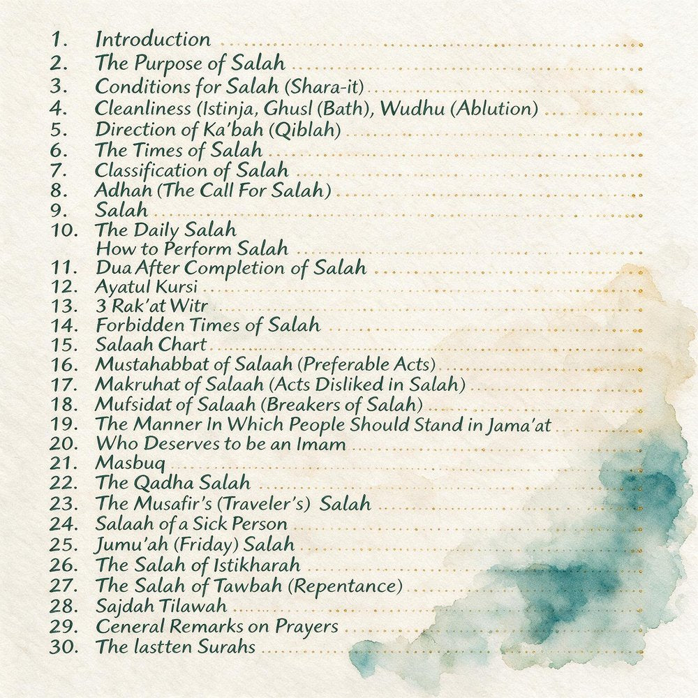 Watercolor page listing Islamic prayer terminology and topics for review