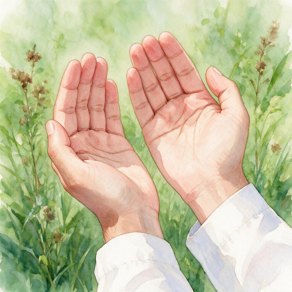 Watercolor illustration of two open hands raised in Dua over a green field.