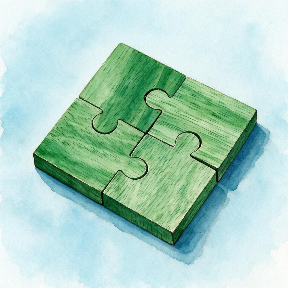 Watercolor illustration of four interlocking wooden puzzle pieces representing the four Madhab traditions.