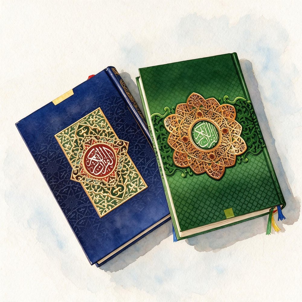 Watercolor illustration of two ornately bound Qur'an editions used as source references.