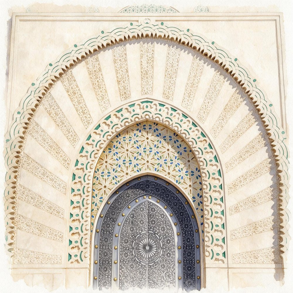 Watercolor study of an ornate Mihrab archway and carved doorway