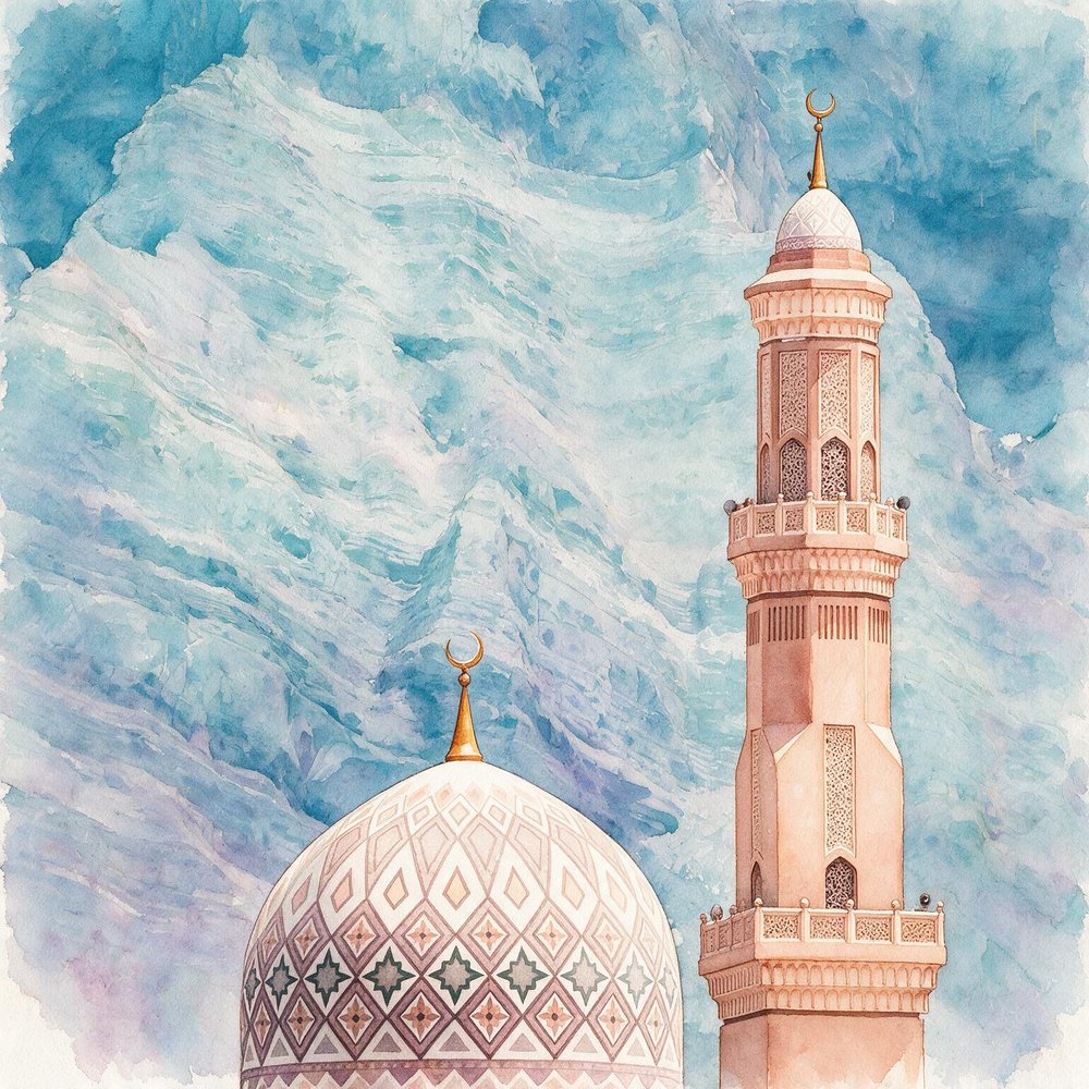 Watercolor study of a mosque dome and minaret in a soft blue and pink colorway