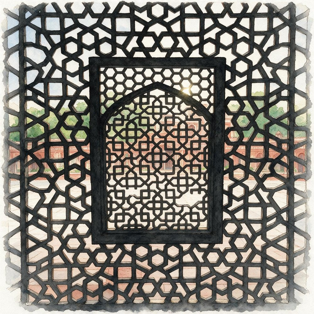Watercolor study of a geometric jali lattice screen with a courtyard beyond