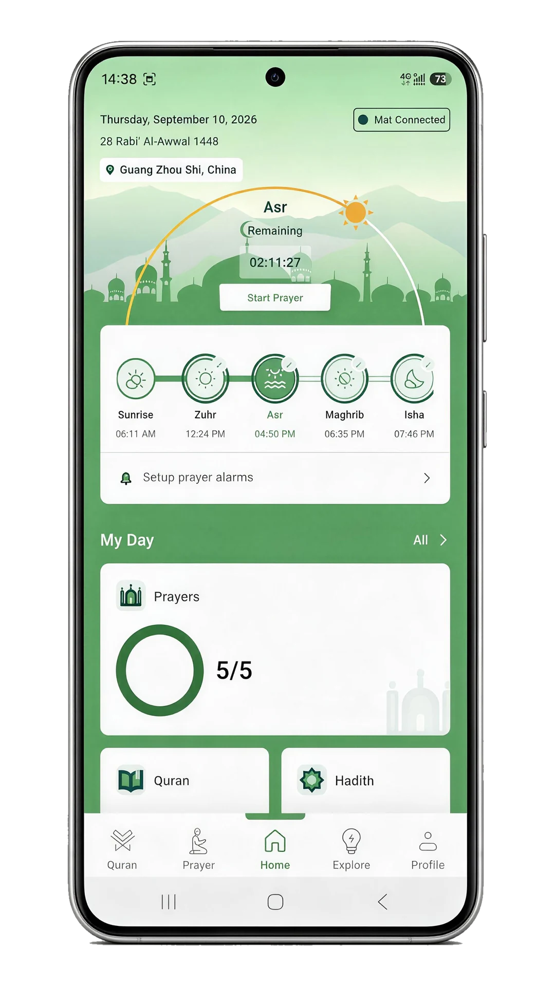 The app home screen with today's prayer times and the day's Salah progress