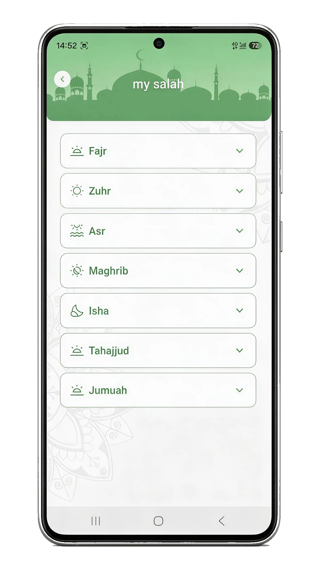 The My Salah list: Fajr, Zuhr, Asr, Maghrib, Isha, Tahajjud and Jumuah