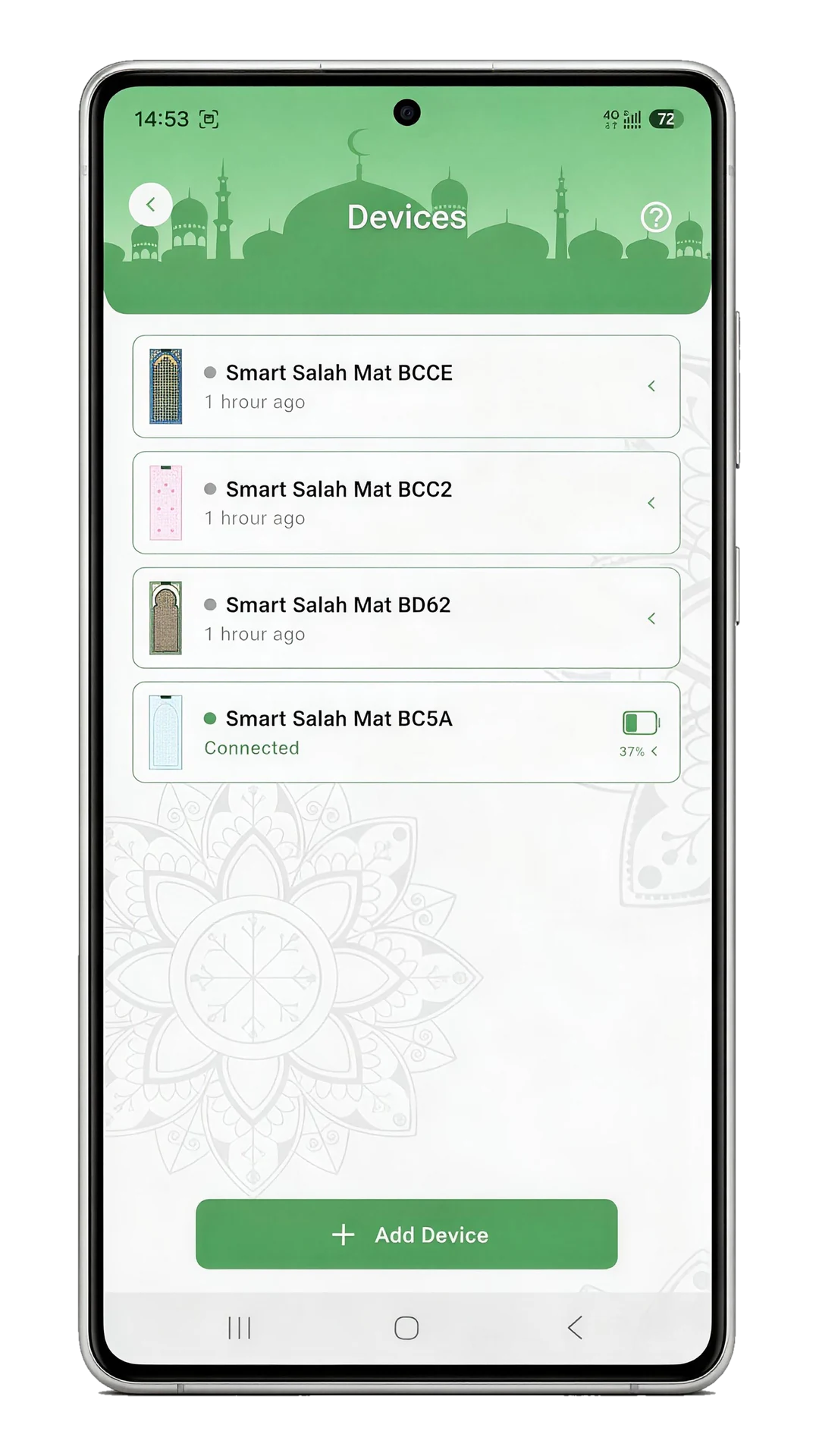 The Devices screen listing paired Smart Salah Mats