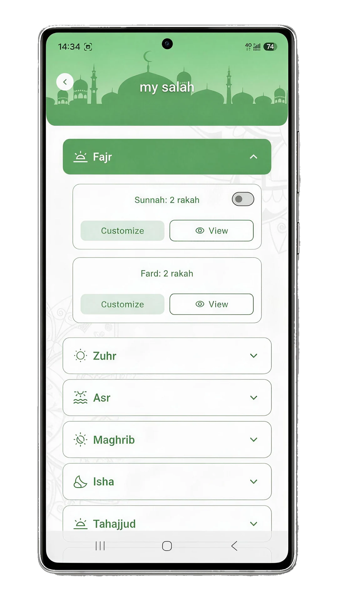 Prayer settings showing guidance options for Sunnah and Fard Rakahs