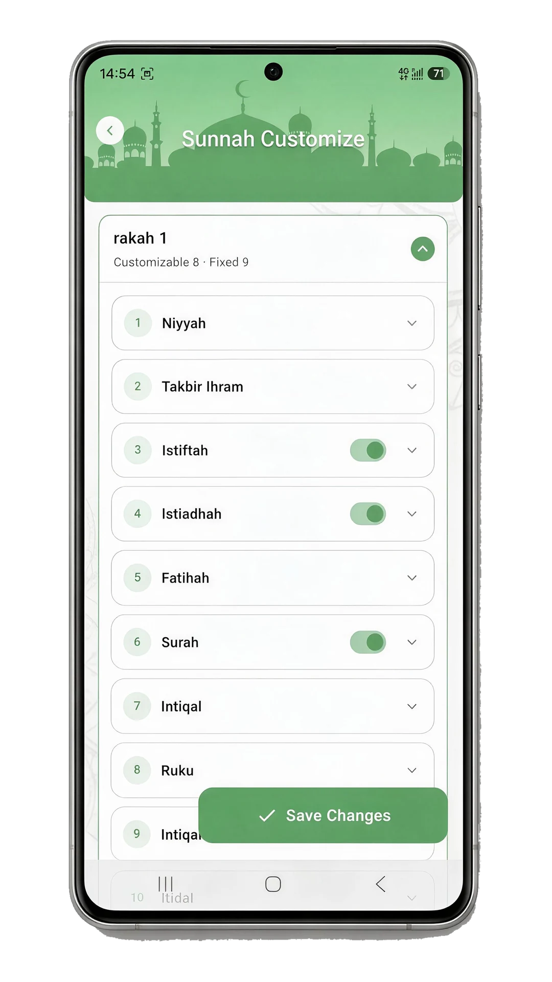 Guidance settings for a Rakah: Niyyah, Takbir, Istiftah, Fatihah, Surah and Ruku