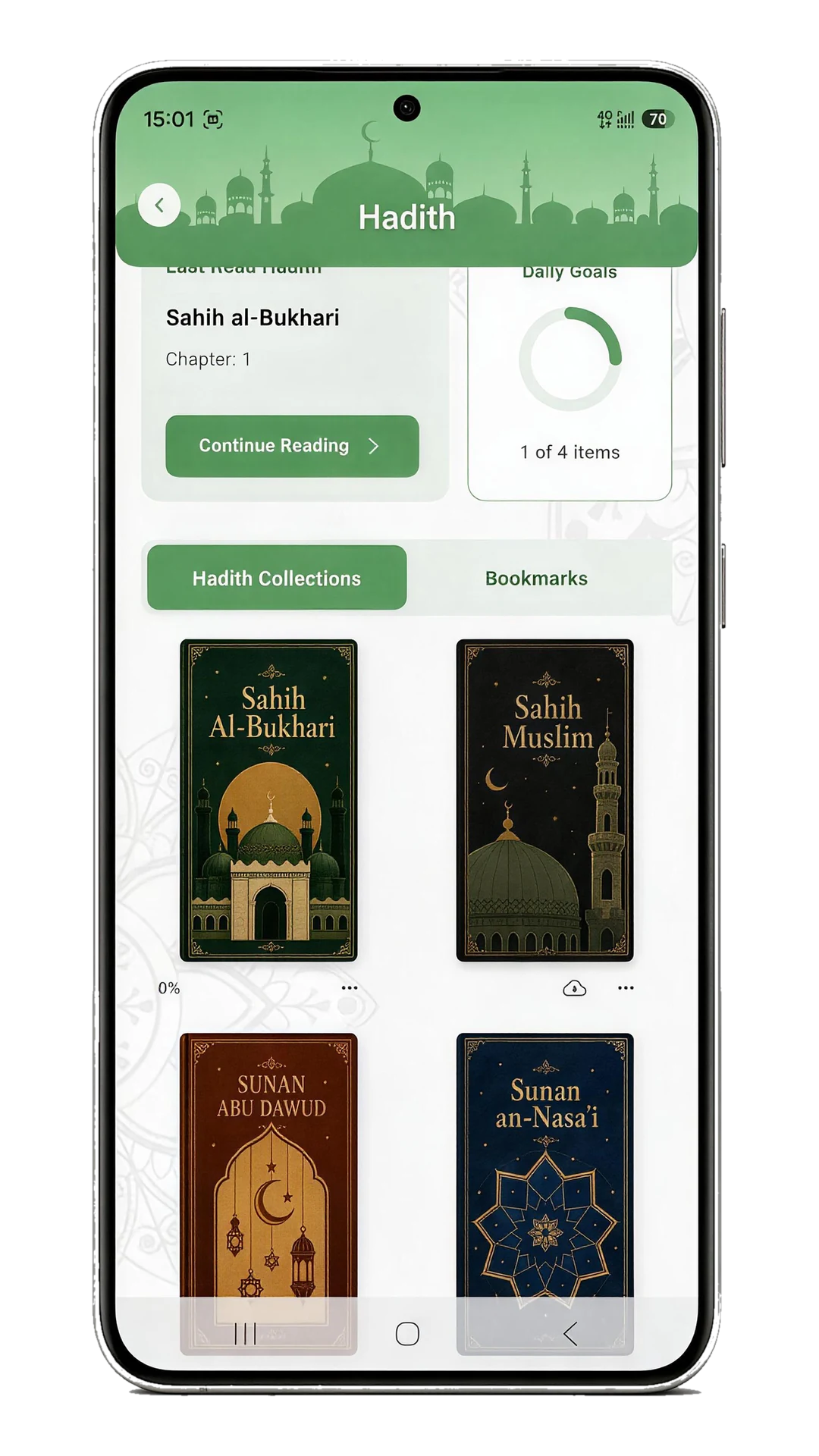 The Hadith screen with a collection in progress and bookmarked readings
