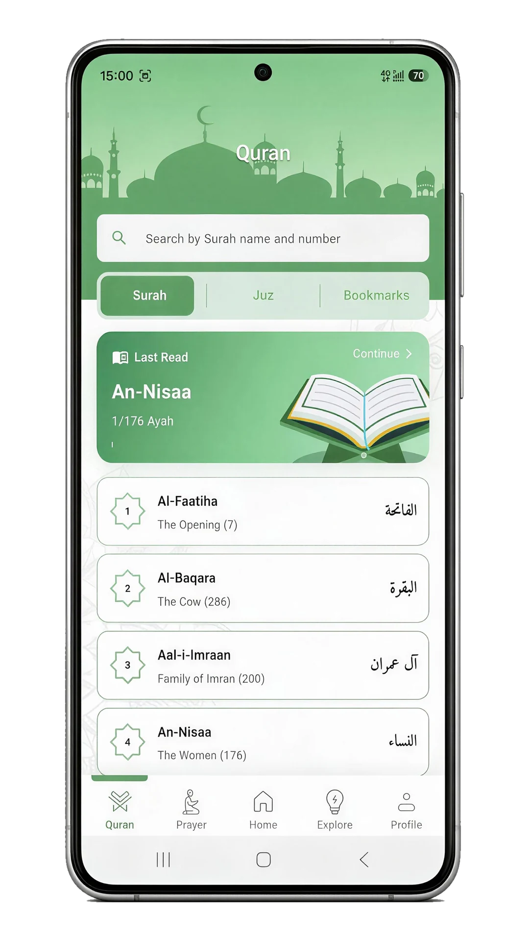 The Quran screen with search, the last passage read and the Surah list