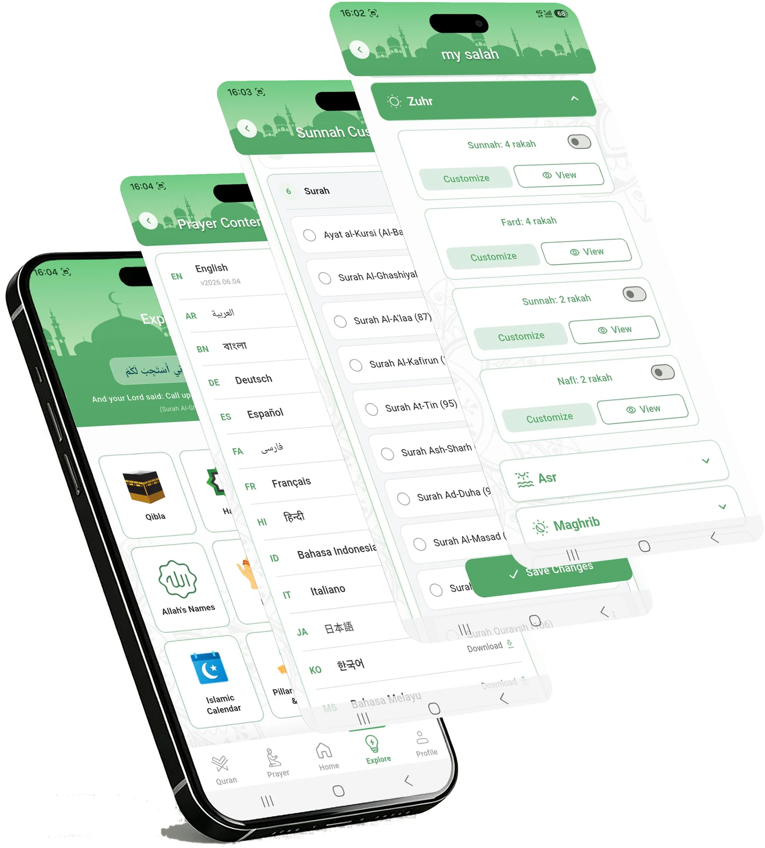 Four NoorConnect app screens: Explore, prayer content in fourteen languages, Sunnah prayer guidance settings and the My Salah list