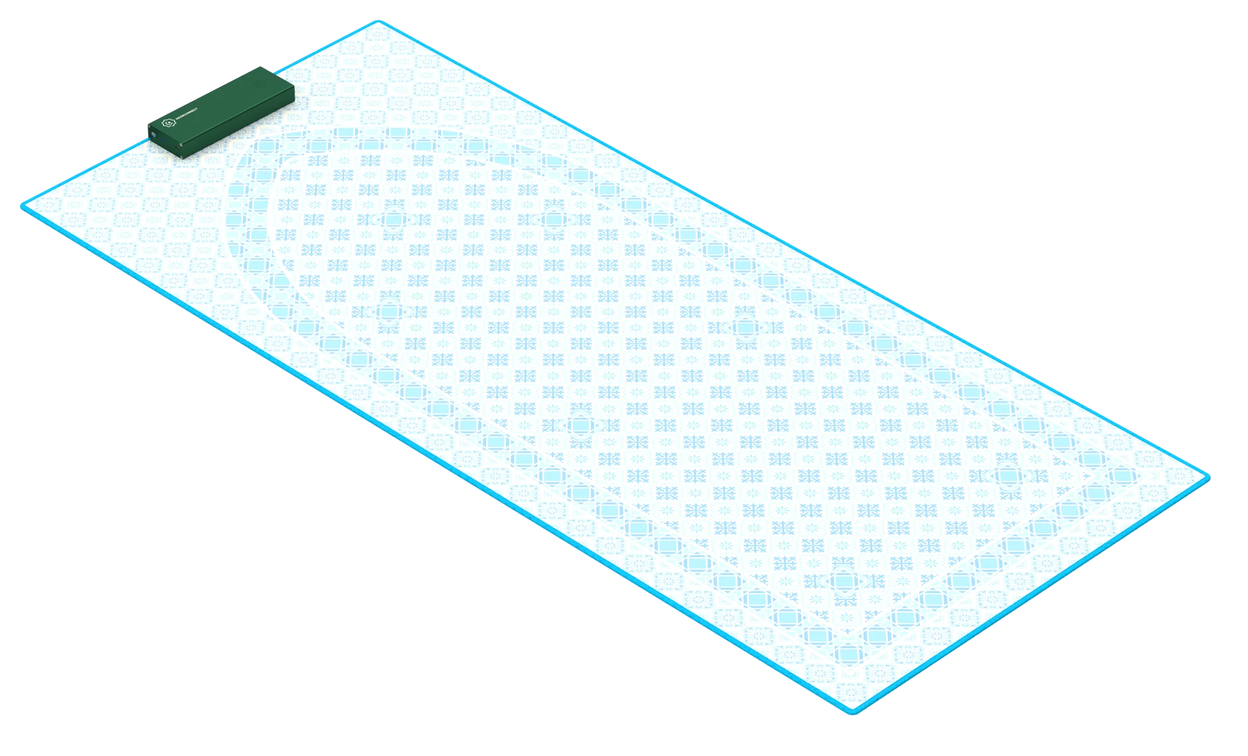The NoorConnect prayer mat in the A Winter's Breath design, control module attached